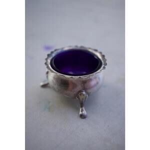 Vintage Silver Tripod Salt Cellar with Purple Glass Insert